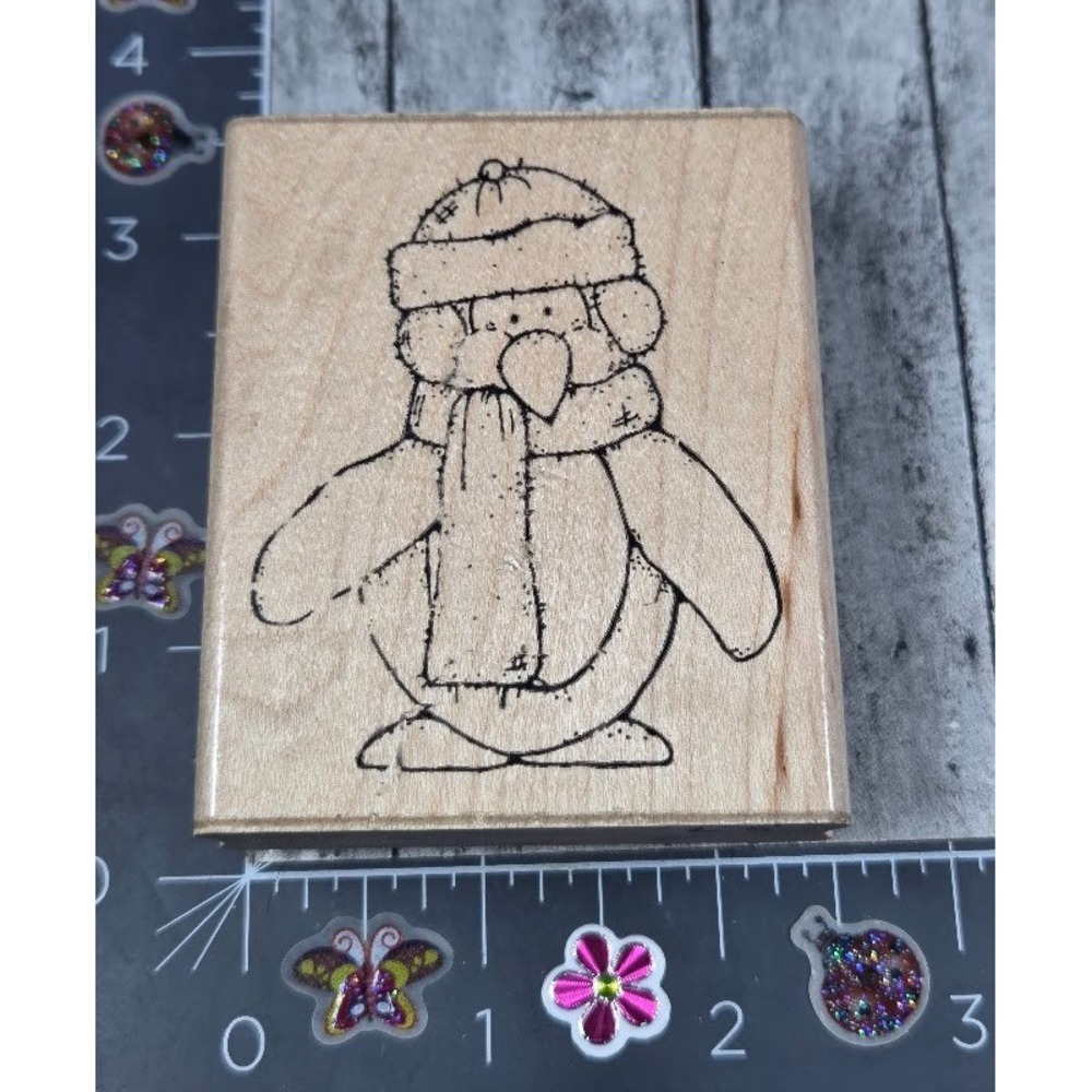 Dots Peter Penguin N227 Winter Scarf Rubber Stamp Wood #J97